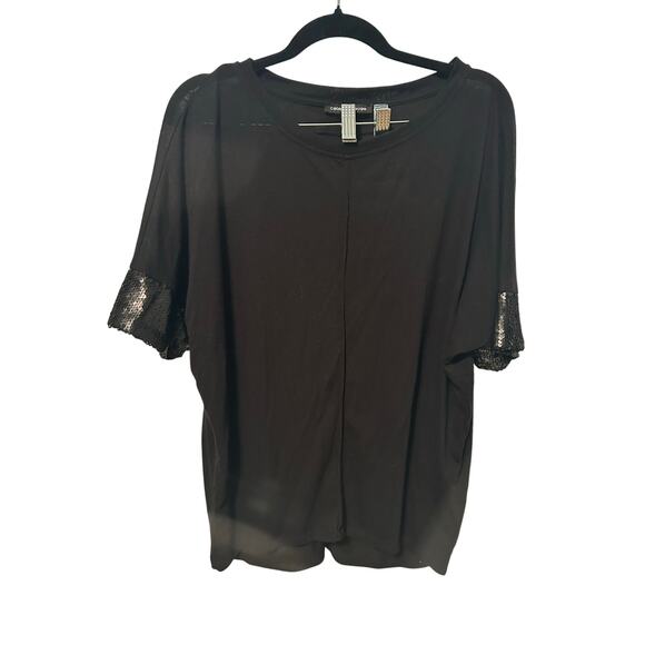Cable & Gauge Black Sequin Sleeve Short Sleeve Blouse Large - Picture 1 of 4